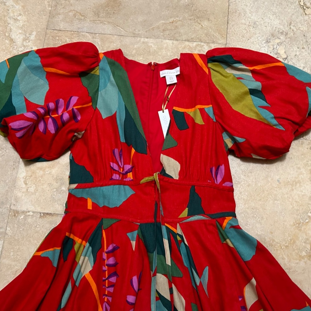 House of Harlow 1960 Linen Blend Red Floral Puff Sleeves Dress,  Size 6 - Picture 10 of 16